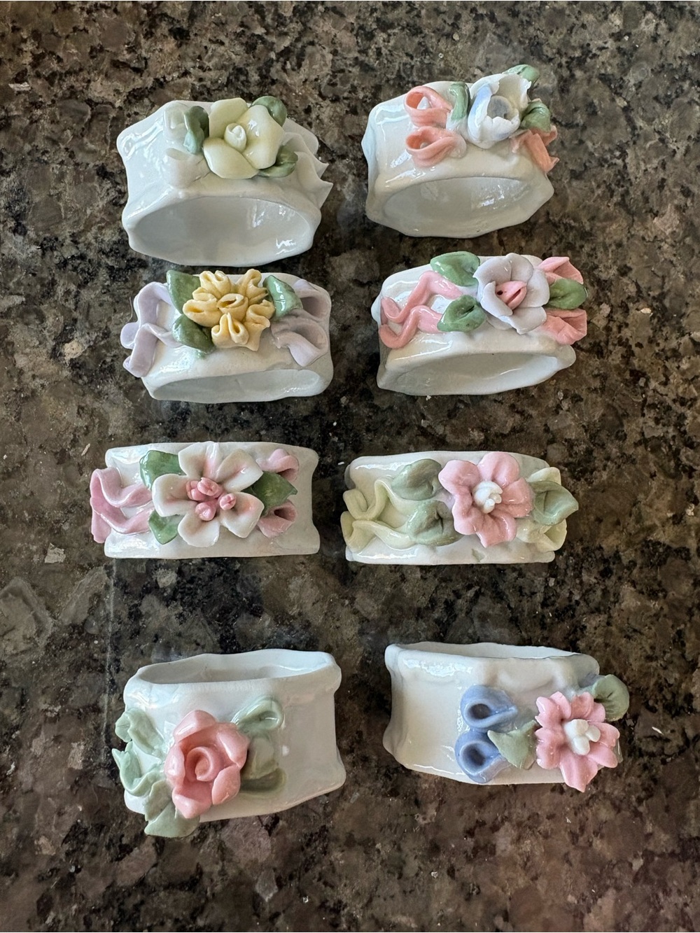 Vintage Ceramic Floral Napkin Rings Set of 8 - Pastel Flowers